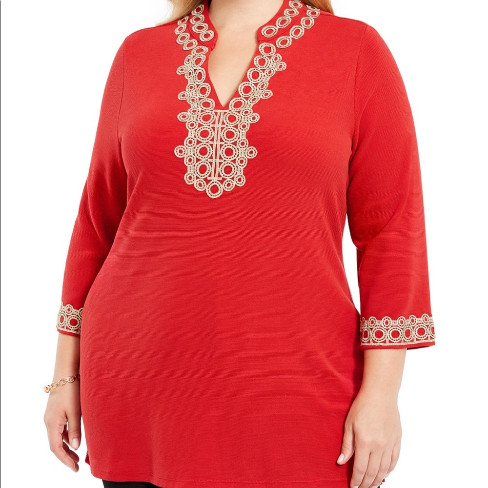 Charter Club Women's Plus Sz 2X 3X lace  Tunic Top Ravishing Red￼